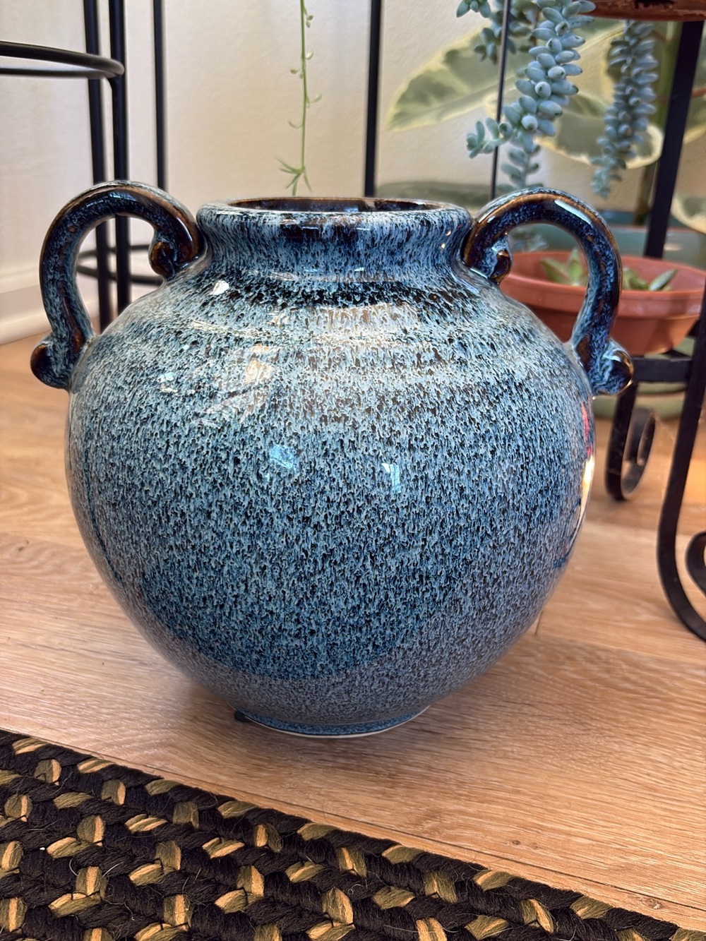 Ceramic Decorative Vase with Dual Handles in Speckled Blue